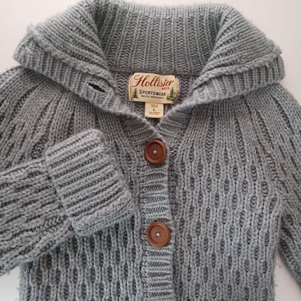 Vntg Y2K Hollister Cardigan Sweater Lrge Cable Knit Shawl Collar Fisherman Bella